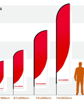 Illustrasjon som viser fire ulike størrelser for Wing-beachflagg med høydemål fra 195 cm til 502 cm.