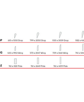 Oversiktstabell med nøyaktige mål for beachflagg-typene Drop, Wing og Pole.