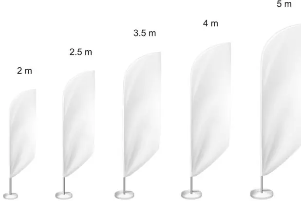 En illustrasjon viser fem hvite beachflagg i ulike størrelser, fra 2 til 5 meter, ved siden av en person for å tydeliggjøre beachflagg størrelsene.