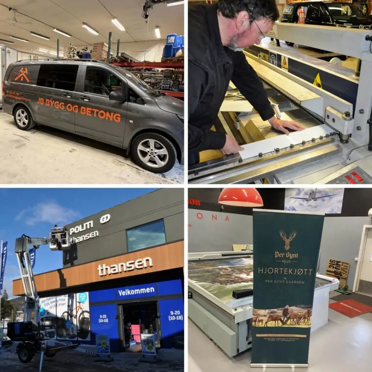 Fire bilder fra Reklameverket: dekor på varebil i verkstedet, produksjon av skilt, montering av fasadeskilt med lift og en rollup i verkstedet